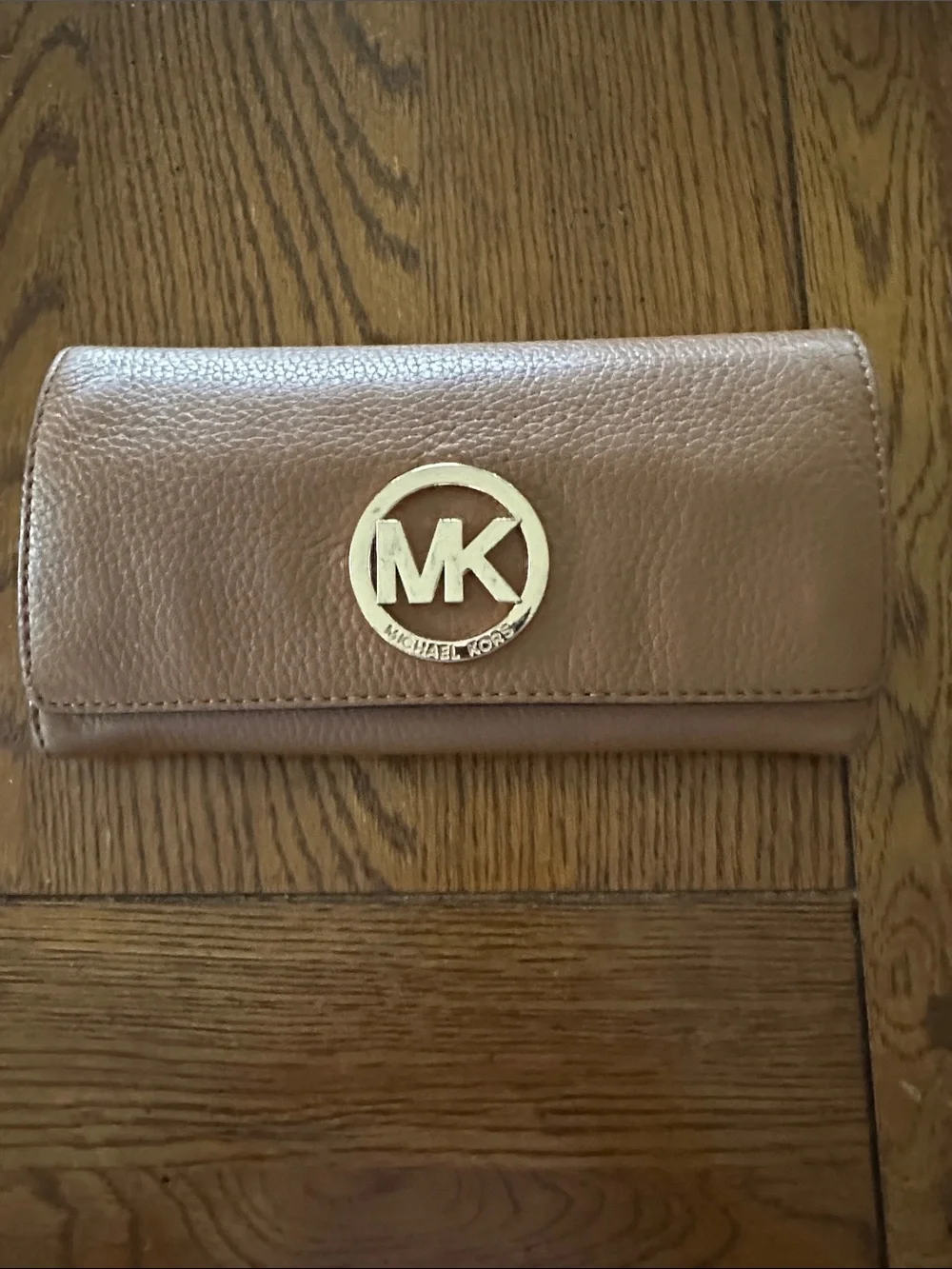 Michael Kors Taupe Brown Pebbled Leather MK Logo Wallet with Gold Accent